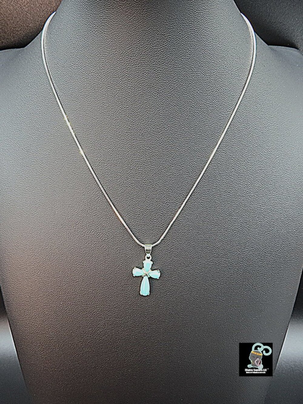 Turquoise Blue Sterling Silver Cross Pendant Necklace 16"